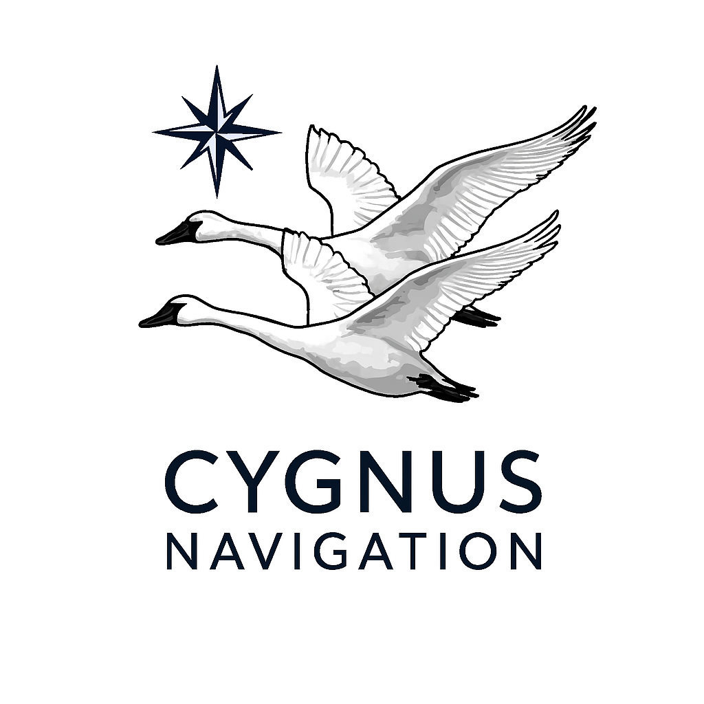 Cygnus Navigation logo showing two swans in flight with a compass rose